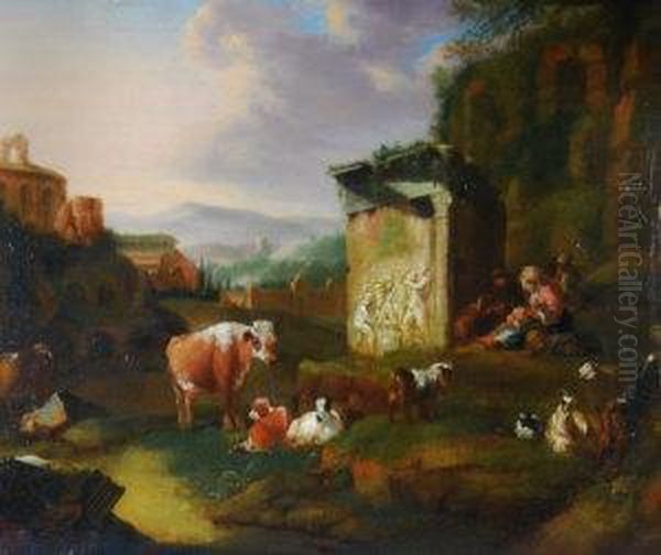 Peasants With Cattle, Sheep And Goats Amongst Ruins In An Italianate Mountain Landscape Oil Painting by Abraham Jansz Begeyn