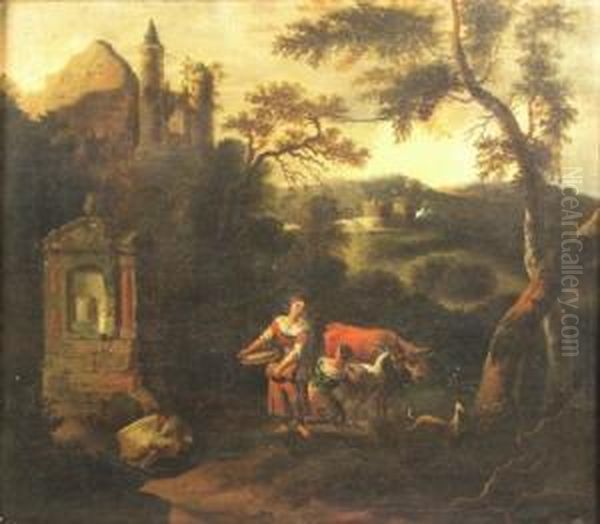 Milkmaidswith A Goat And A Cow By A Fountain And Castle Ruins Oil Painting by Abraham Jansz Begeyn