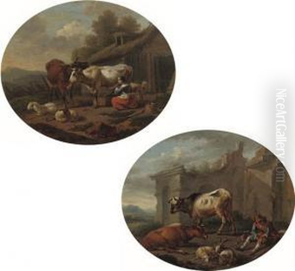 A Peasant Woman Milking A Cow; And A Herdsman With His Cattle Oil Painting by Abraham Jansz Begeyn