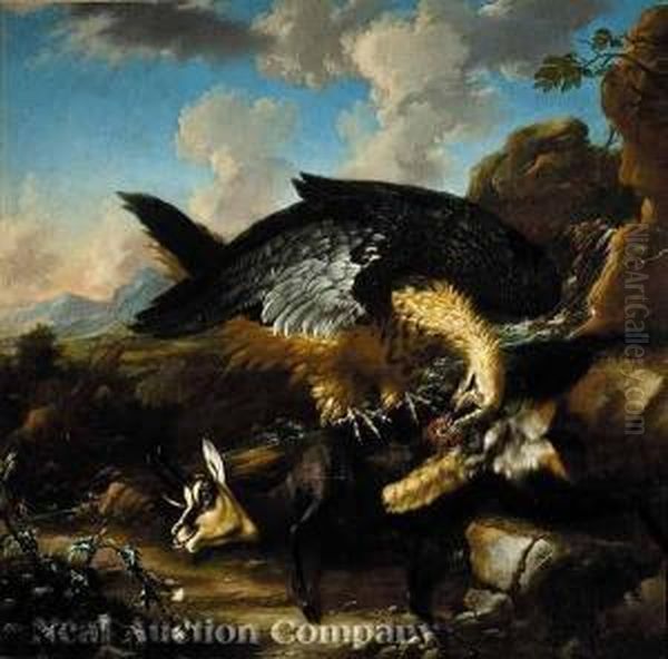 A Monumental Mountain Landscape With An Eagle Attacking A Chamois Oil Painting by Abraham Jansz Begeyn