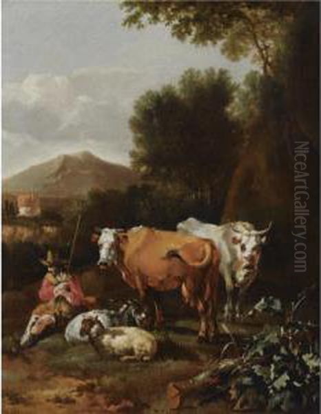 An Italianate Landscape With A Herdsman And His Cattle Resting Neara Tree Oil Painting by Abraham Jansz Begeyn