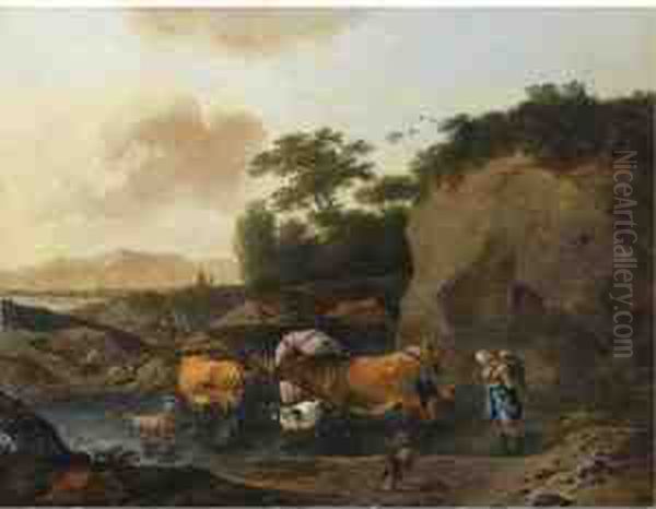 An Italianate Landscape With A 
Shepherd's Family Crossing A Streamwith Their Herd, A Dog In The 
Foreground Oil Painting by Abraham Jansz Begeyn