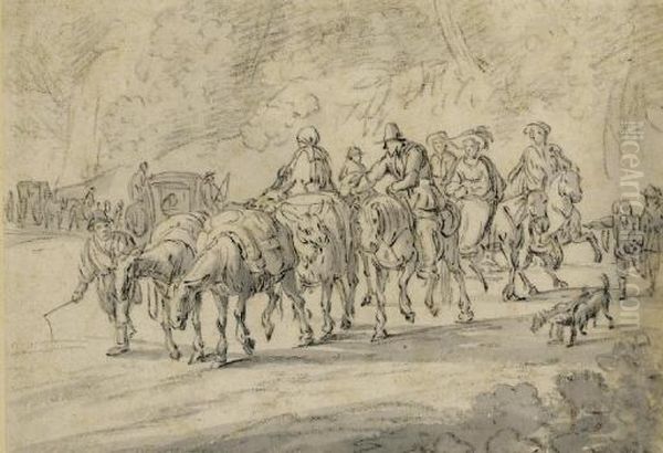 Un Convoi Sur Un Chemin Avec Des Chevaux Et Des Caleches Oil Painting by Abraham Jansz Begeyn