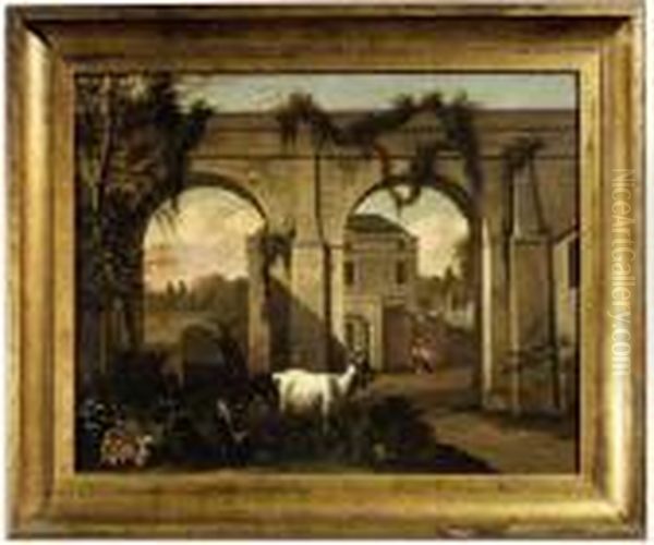 Jansz . Two Goats In Front Of An Aqueduct Oil Painting by Abraham Jansz Begeyn