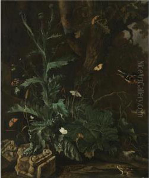 A Forest Floor With A Thistle, 
The Ruin Of An Ionic Column, Butterflies, A Toad, And A Songbird Oil Painting by Abraham Jansz Begeyn