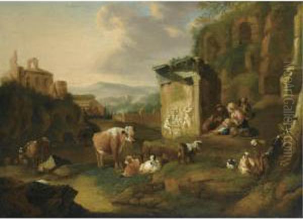 An Italianate Landscape With Cattle And Peasants Beside Roman Ruins Oil Painting by Abraham Jansz Begeyn