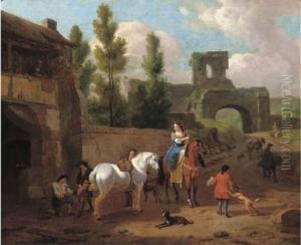 An Elegant Riding Party At A Blacksmith Outside The Walls Of A Town Oil Painting by Abraham Jansz Begeyn