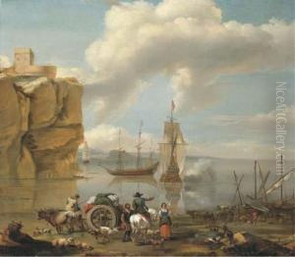 A Coastal Landscape With A 
Horseman, A Wagoner, Herdsmen Andstevedores, Three-masters And Mountains
 Beyond Oil Painting by Abraham Jansz Begeyn