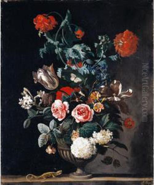 Still Life Of Flowers, Including
 Roses, Tulips And Chrysanthemums, In A Stone Vase With Butterflies And A
 Lizard Oil Painting by Abraham Jansz Begeyn