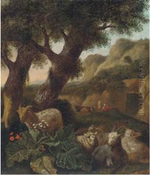 A Wooded Landscape With Sheep And Figures Resting Oil Painting by Abraham Jansz Begeyn