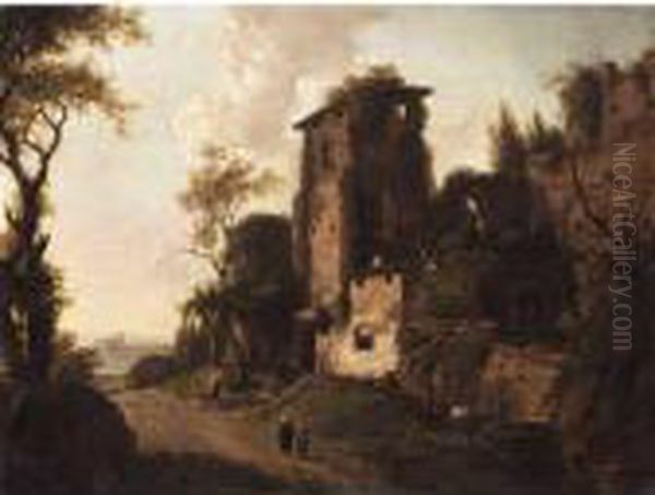 An Italianate Landscape With Figures And Their Donkies Resting Before Ruins Oil Painting by Abraham Jansz Begeyn