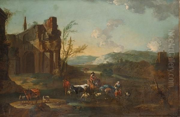 Drovers With Cattle And Sheep Fording A Stream With Ruins Beyond Oil Painting by Abraham Jansz Begeyn