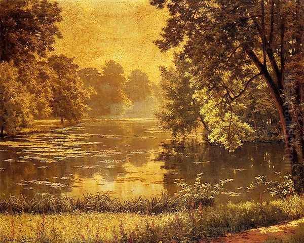 A Wooded River Landscape Oil Painting by Henri Biva