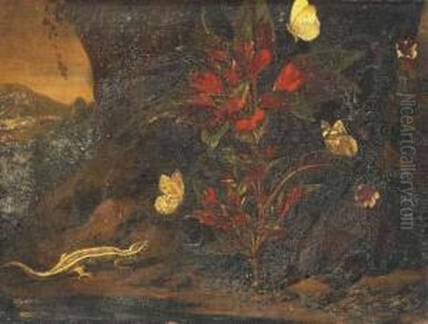 Lezard Et Papillons Au Pied D'un Arbre Oil Painting by Abraham Jansz Begeyn