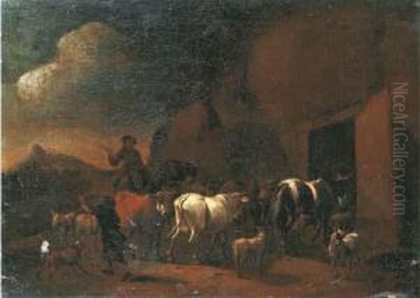 Shepherds Returning To The Stable With Their Cattle At Dusk Oil Painting by Abraham Jansz Begeyn