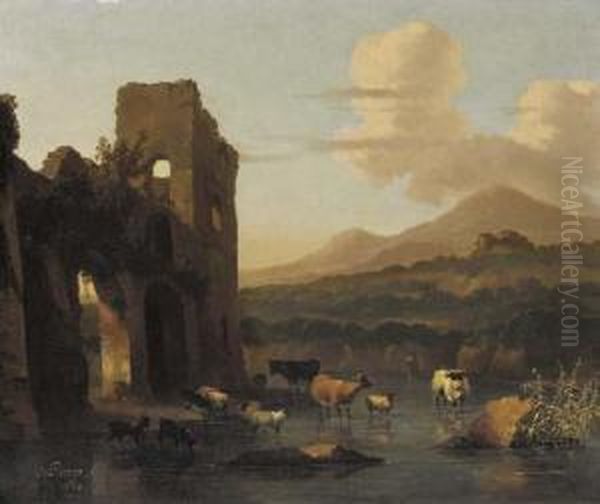 An Italianate Landscape With Cattle Fording A Stream By A Ruin Oil Painting by Abraham Jansz Begeyn