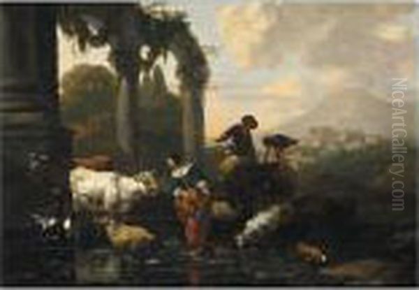 An Italianate Landscape With 
Maids And A Herder Tending Their Sheep And Cattle At A Watering-hole Oil Painting by Abraham Jansz Begeyn