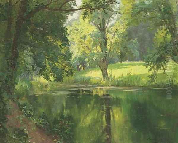 A quiet stretch of the river Oil Painting by Henri Biva