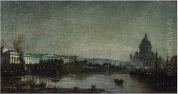 The Moonlit Neva With St. Isaac's Beyond Oil Painting by Aleksandr Karlovich Beggrov