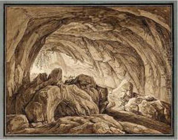 A View Of The Zingheri Cave At Vicovaro Oil Painting by Rene-Louis-Maurice Beguyer De Chancourtois