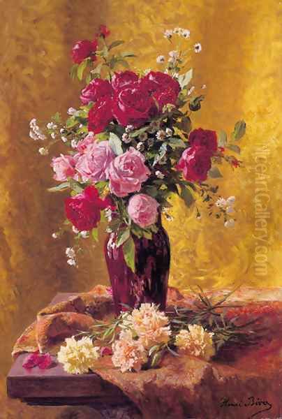 A vase of roses with carnations on a draped table Oil Painting by Henri Biva