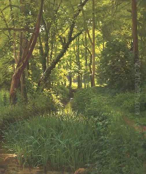 A woodland stream Oil Painting by Henri Biva