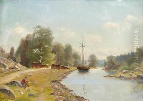 Flodlandskap Med Fiskare Oil Painting by Wilhelm Behm