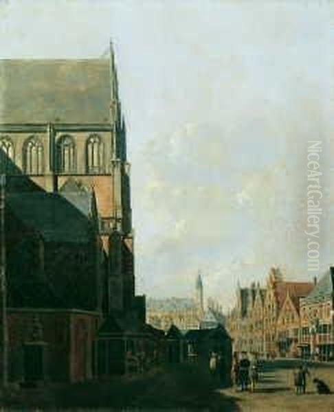 Der Marktplatz In Haarlem Mit Der St. Bavo-kerk Und Dem Alten Rathaus. Oil Painting by Carel Jacobus Behr