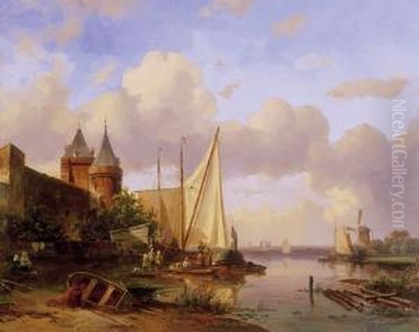 Dutch Port Oil Painting by Carel Jacobus Behr