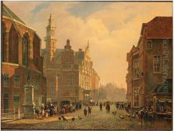 A View Of The Townhall, The Hague, With Numerous Figures In Astreet Oil Painting by Carel Jacobus Behr