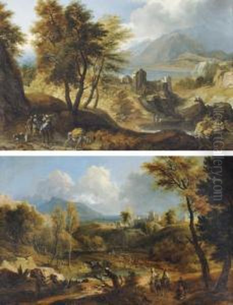 A Mountainous River Landscape 
With Travellers On A Track, A Fortified Town Beyond; And A Mountainous 
Wooded Landscape With Travellers Near A Lake, A Town Beyond Oil Painting by Joachim-Franz Beich