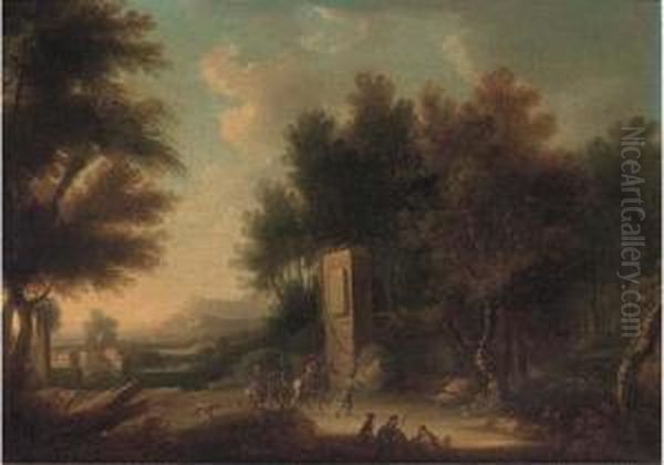 An Italianate Wooded Landscape With Travellers On Horseback On Atrack Oil Painting by Joachim-Franz Beich