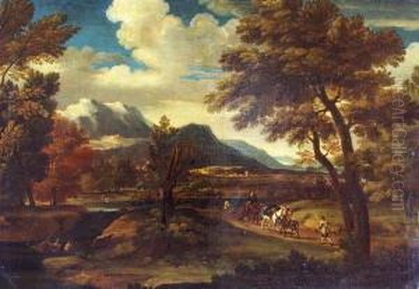 Sudliche Landschaft Mit Einzelnen Hohen Baumen Und Fernblick Auf Schneebedeckte Berge Oil Painting by Joachim-Franz Beich