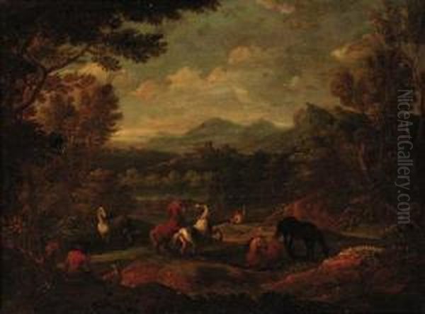 A Wooded Landscape With Horses Before A River Oil Painting by Joachim-Franz Beich