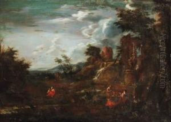 An Italianate Landscape With Artists Sketching Amongst Ruins Oil Painting by Joachim-Franz Beich