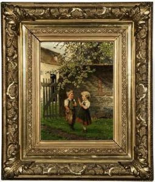 Children Standing In A Springtime Garden Oil Painting by Fritz Beinke