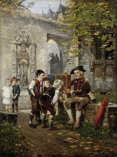 Kinder Bestaunen Weisse Mause In Einem Kafig. Oil Painting by Fritz Beinke