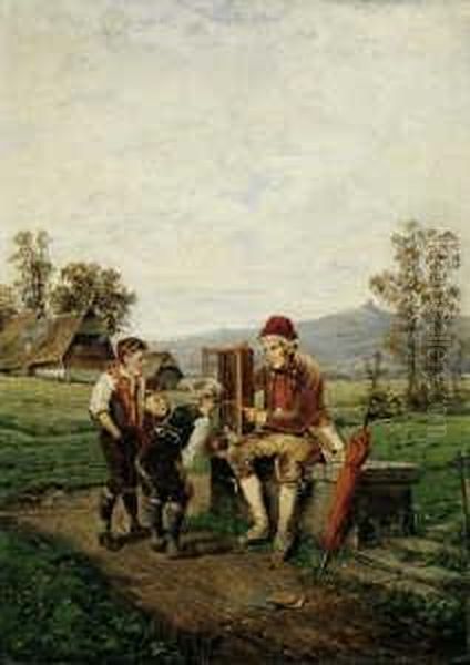 Kinder Bestaunen Eine Weisse Ratte Im Kafig. Oil Painting by Fritz Beinke