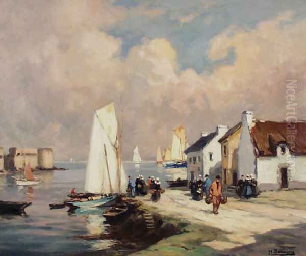 Fishing Harbour Oil Painting by Henri Alphonse Barnoin