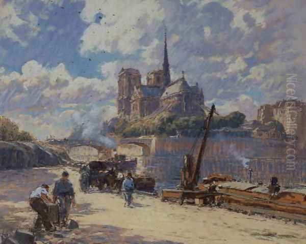 View of Notre Dame from the Seine Oil Painting by Henri Alphonse Barnoin