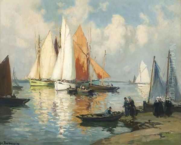 A Brittany harbour Oil Painting by Henri Alphonse Barnoin