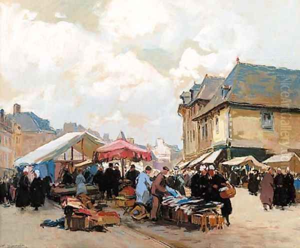 Market day, France Oil Painting by Henri Alphonse Barnoin