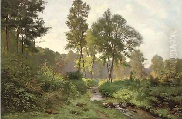 Woodland river at dusk Oil Painting by Henri Alphonse Barnoin