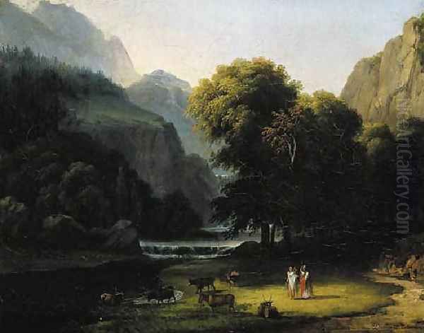 A wooded river landscape with Apollo and Mercury Oil Painting by Antoine-Felix Boisselier