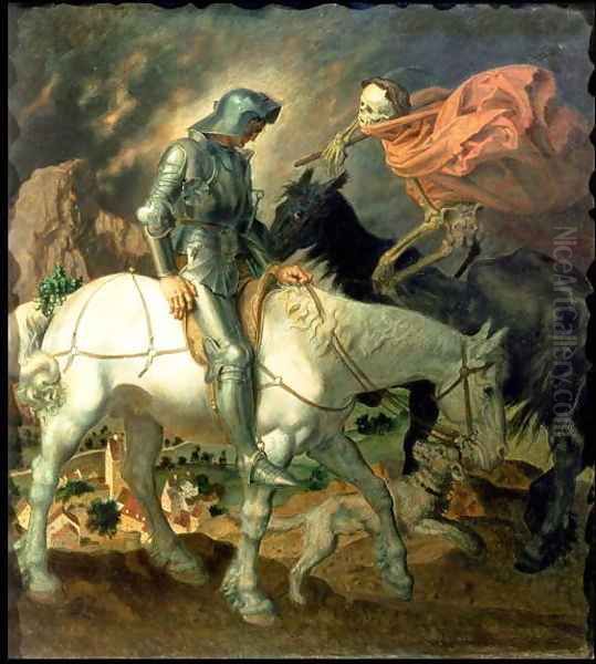 Don Quixote with Death, based on 'The Knight, Death and the Devil' by Albrecht Durer Oil Painting by Theodor Baierl