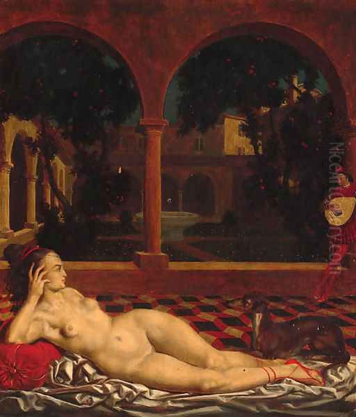 A reclining female nude in a cloister Oil Painting by Theodor Baierl