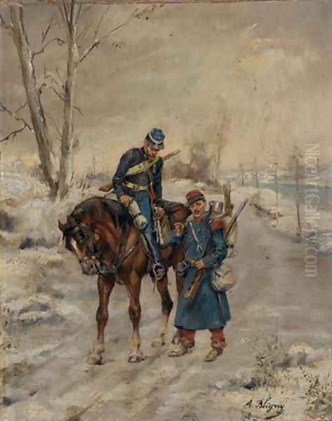 Deux militaires sur un chemin Oil Painting by Albert Bligny