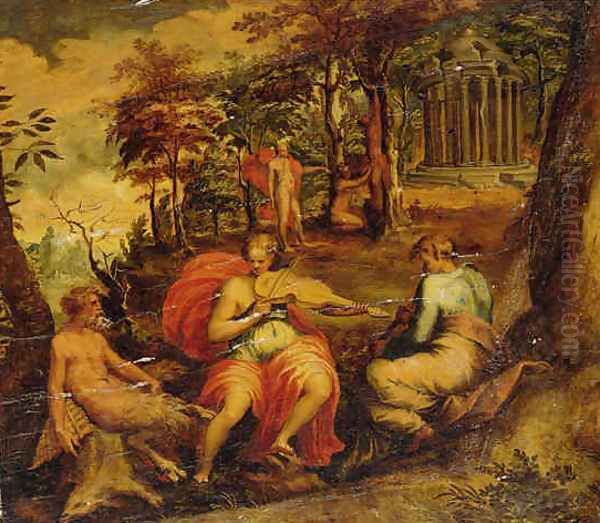 A landscape with scenes form the legend of Apollo and Marsyas Oil Painting by Jacopo Bertoia