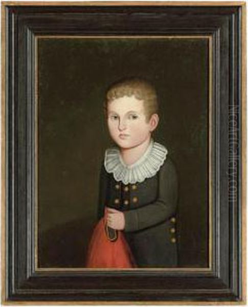 Portrait Of A Young Blond Boy In
 A Buttoned Navy Blue Jacket And Ruffled Collar, Holding A Red 
Drawstring Gunnysack Oil Painting by Zedekiah Belknap