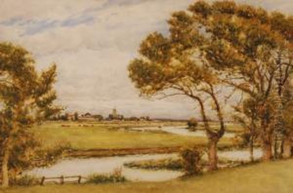 Extensive River Landscape Towards Christ Church, Hampshire Oil Painting by Arthur George Bell